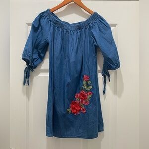Denim Off the Shoulder Dress with Floral Embroidery Detail, M